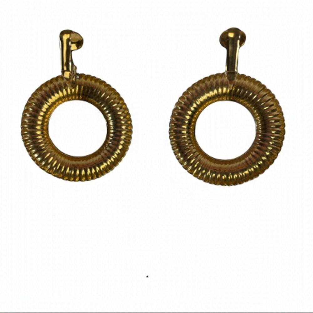 Gold Ribbed Hoop Clip On Earrings